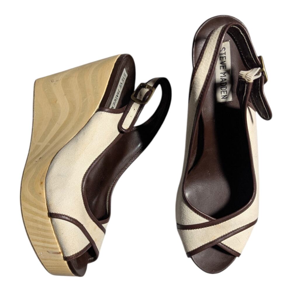 Vtg Y2K Steve Madden Lakeside Beige Canvas Brown Leather Wooden Wedge Sandals 9
